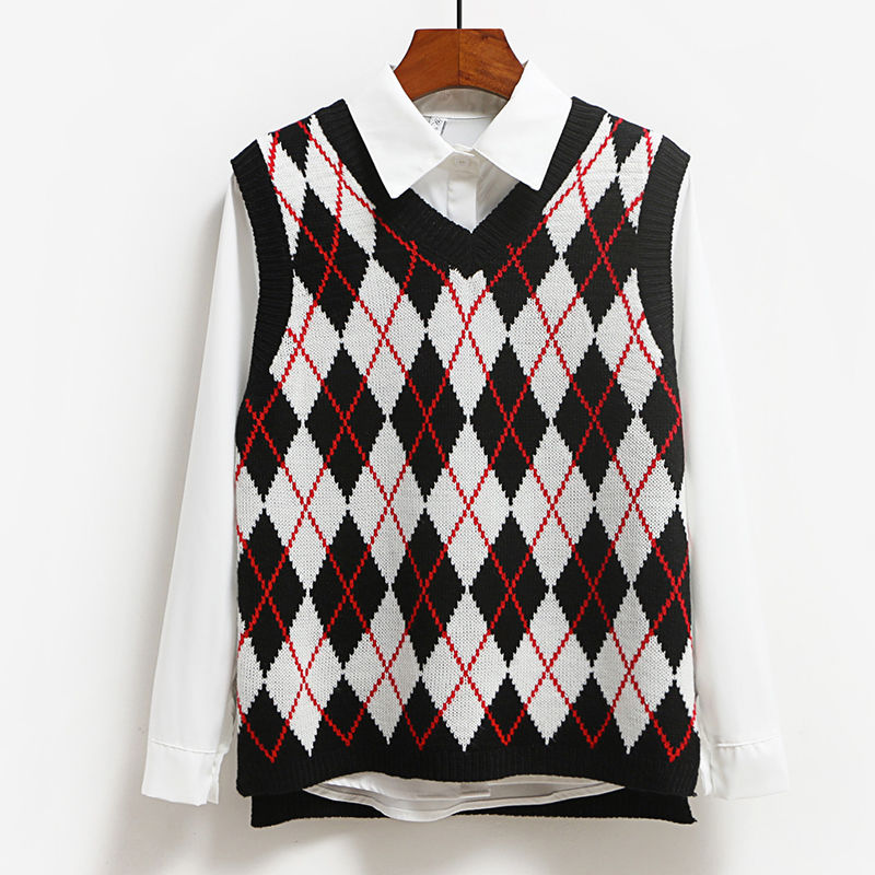 Vangull Preppy Style Argyle Knitted Sweater Vest Casual Sleeveless Vintage V Neck Jumper 2021New Women Y2K Cute Autumn Pullover alx