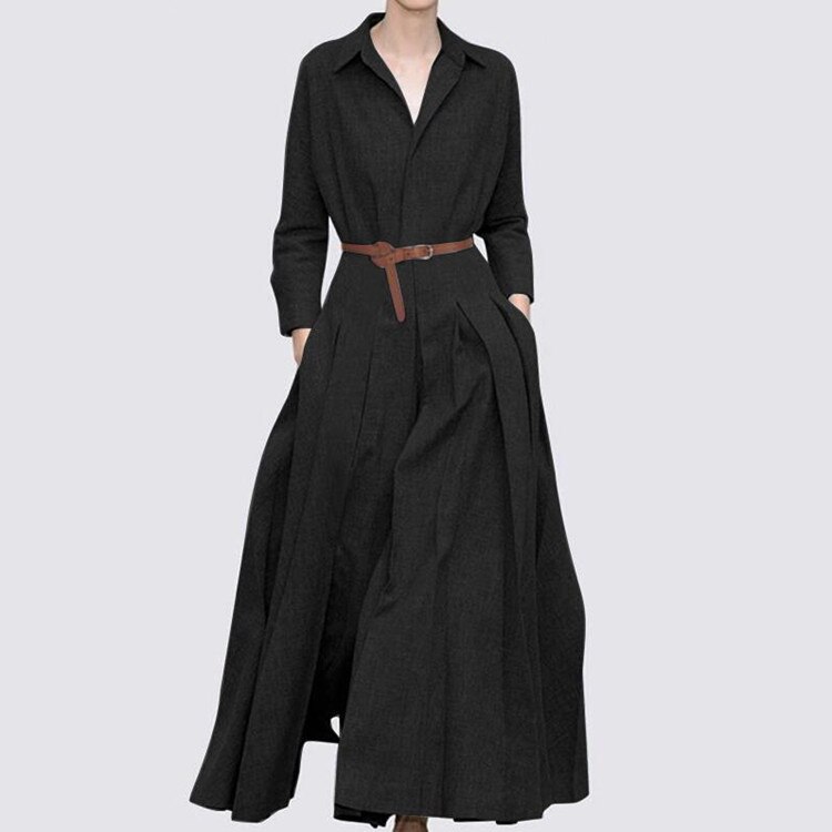 Women Pleated Maxi Dresses 2022 Spring Autumn Long Sleeve Trun Down Collar Dress Fashion Casual Solid A-line Sundress S-5XL alx
