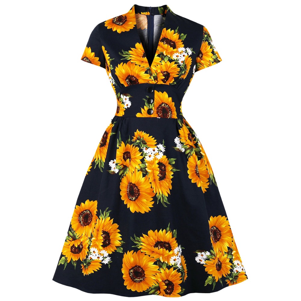 Summer Sunflower Print Women Vintage Plus Size Dress V Neck Short Sleeve Retro Dress Elegant Party 1940s 1960s Feminino Vestidos alx