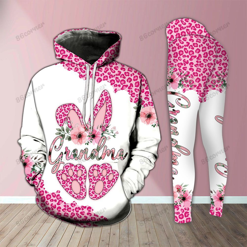 Grandma Bunny Pink Leopard Legging And Hoodie Set