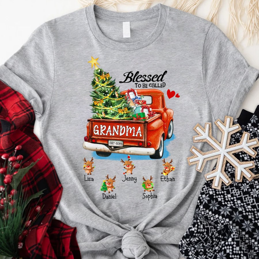 Custom Blessed To Be Called Grandma Christmas Shirt, Custom Est 2022 Christmas Nana Shirt with Reindeer, Red Truck Mimi Christmas Shirt