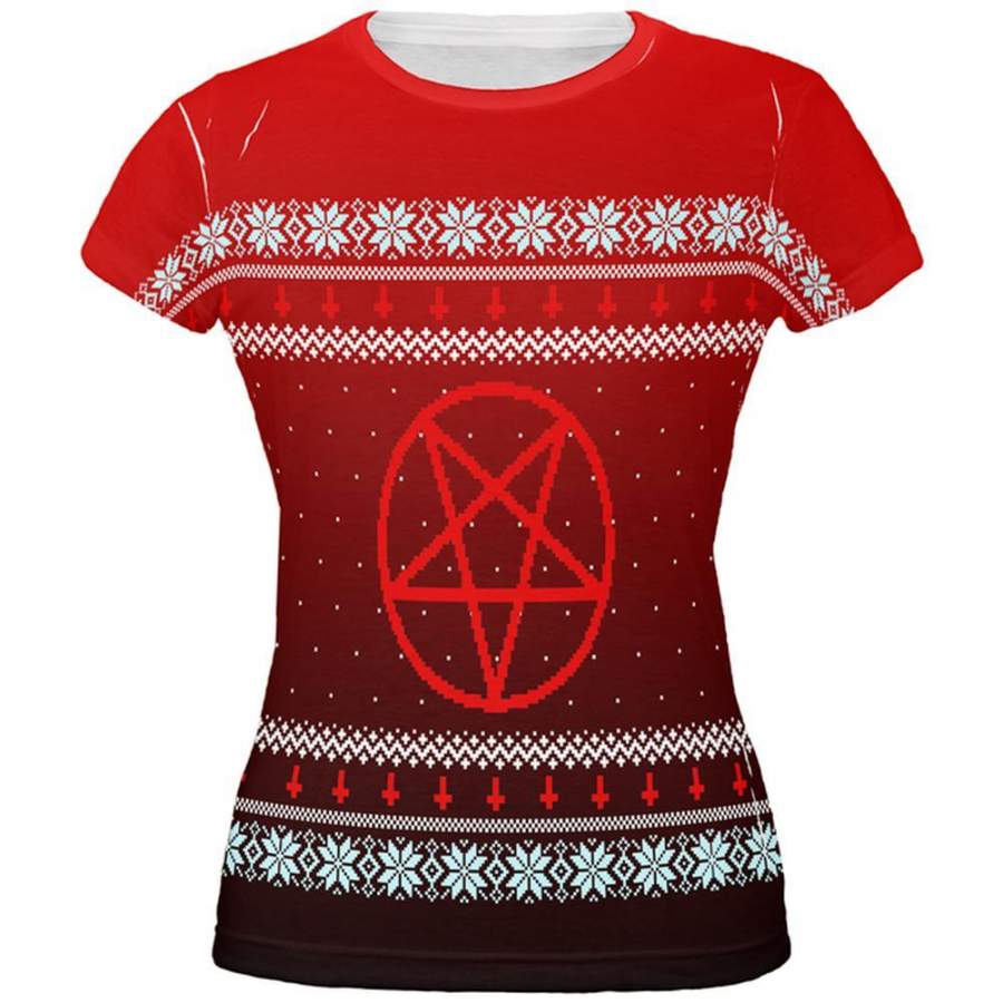 Ugly Christmas Sweater Red Black Pentagram Ombre All Over Juniors T Shirt