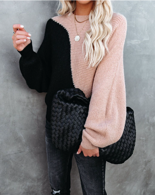2022 Autumn And Winter Bat Sleeve New Color Matching Round Collar Sweater Pullover Women’S Sweater