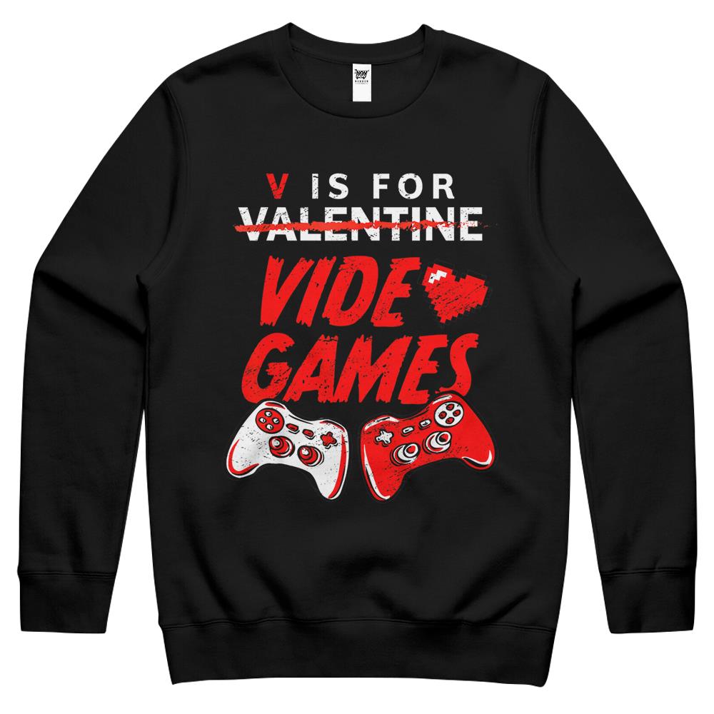 V Is For Video Games Funny Gamer Boy Men Valentines Day 2022 Crewneck Sweatshirt