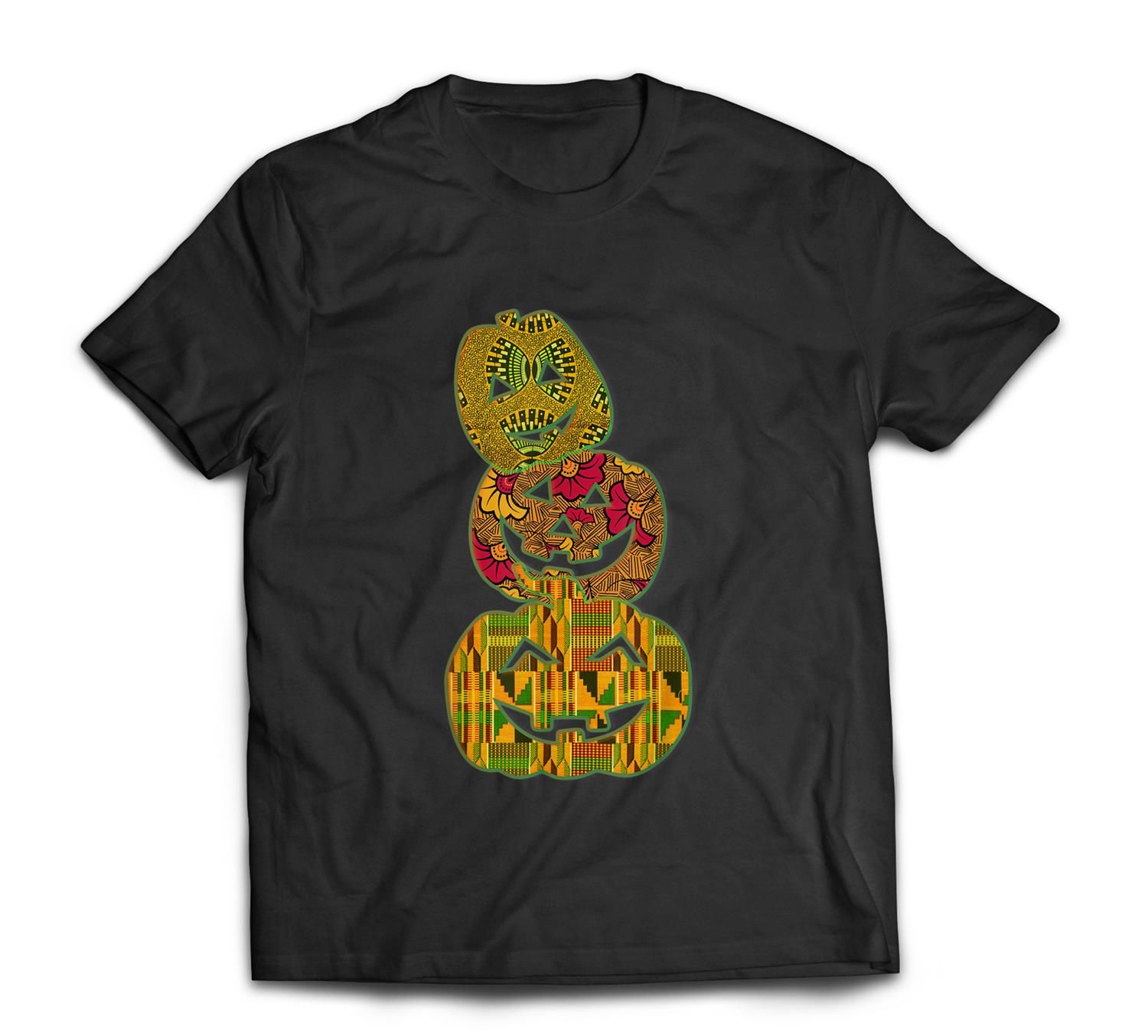 Stumbling Stacked Pumpkins Kente African Print Halloween T-Shirt