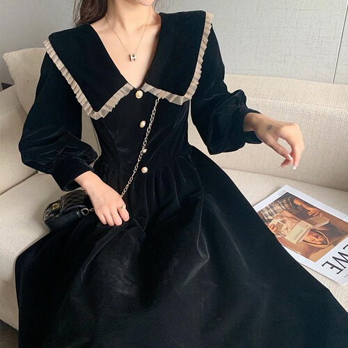 Woman Party Dresses Korean Vintage Velvet Black Dress Long Sleeve Robe Elegant Clothes Japanese Peter Pan Collar Vestidos Mujer alx