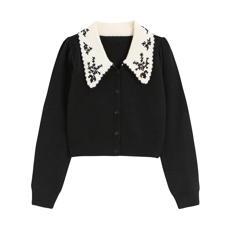 Women’s Knitted Cardigan Sweater Lapel Loose Casual Korean Female Sweet Embroidery Puff Sleeve Vintage Trendy Sueters Mujer Top alx