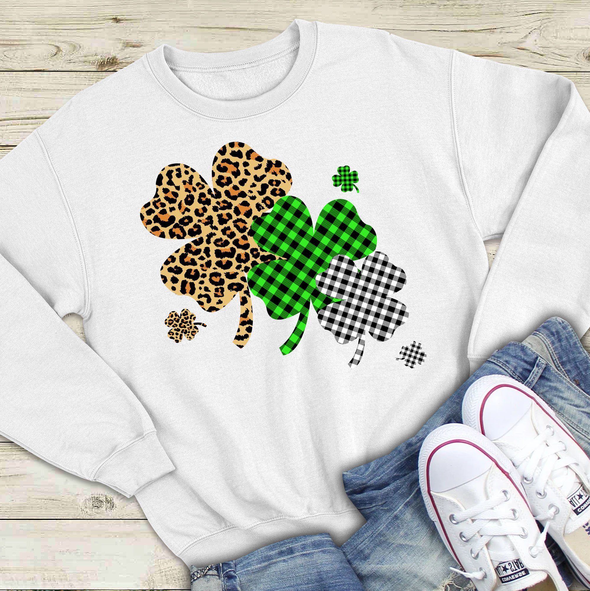 Three Shamrocks Leopard Buffalo Plaid St Patrick Day Graphic Unisex T Shirt, Sweatshirt, Hoodie Size S – 5xl