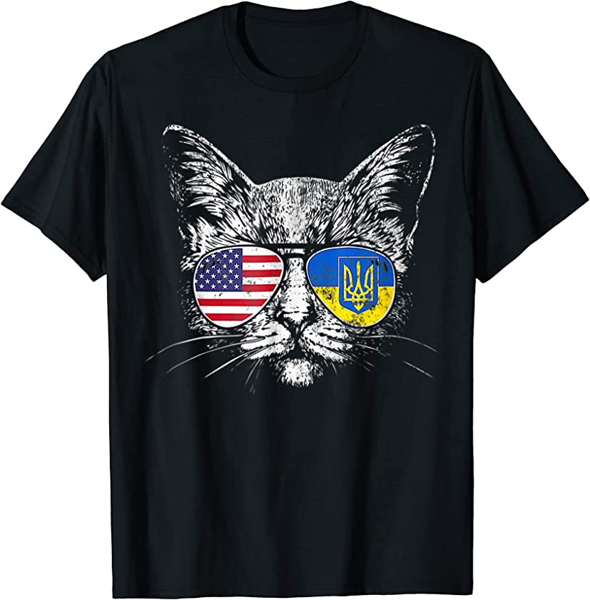 Ukraine Pet Awareness Ukrainian US Flag Glassed Cat Animals T-Shirt