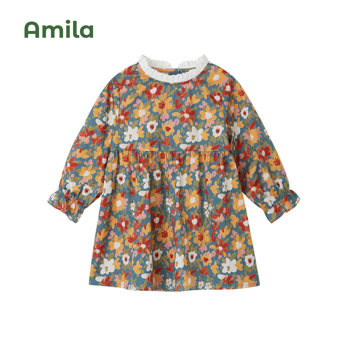 Amila Baby Girl Dress 2022 Autumn New 100% Cotton Long Sleeves A-Line Skirt for Girls Flower Sweet Children Clothes Fashion alx