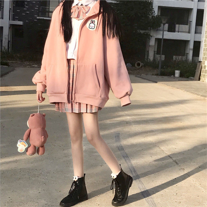 QWEEK Soft Girl Kawaii Pink Zip Up Hoodies Women Japanese Harajuku Rabbit Print Long Sleeve Sweatshirt Student Cute Alt Clothes alx