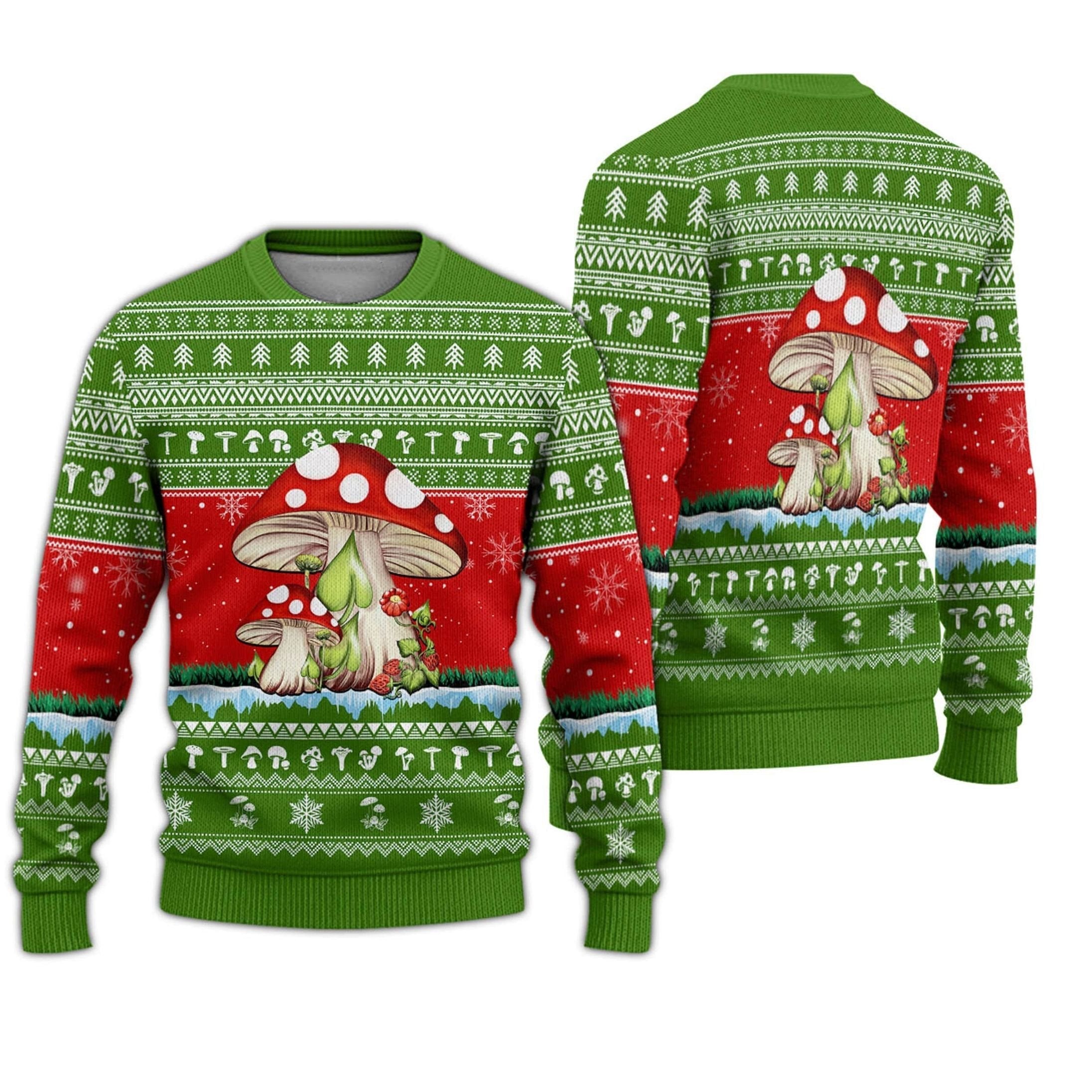 Unifinz Mushroom Ugly Sweater Mushroom Christmas Snowflakes Pattern Green Sweater 2022