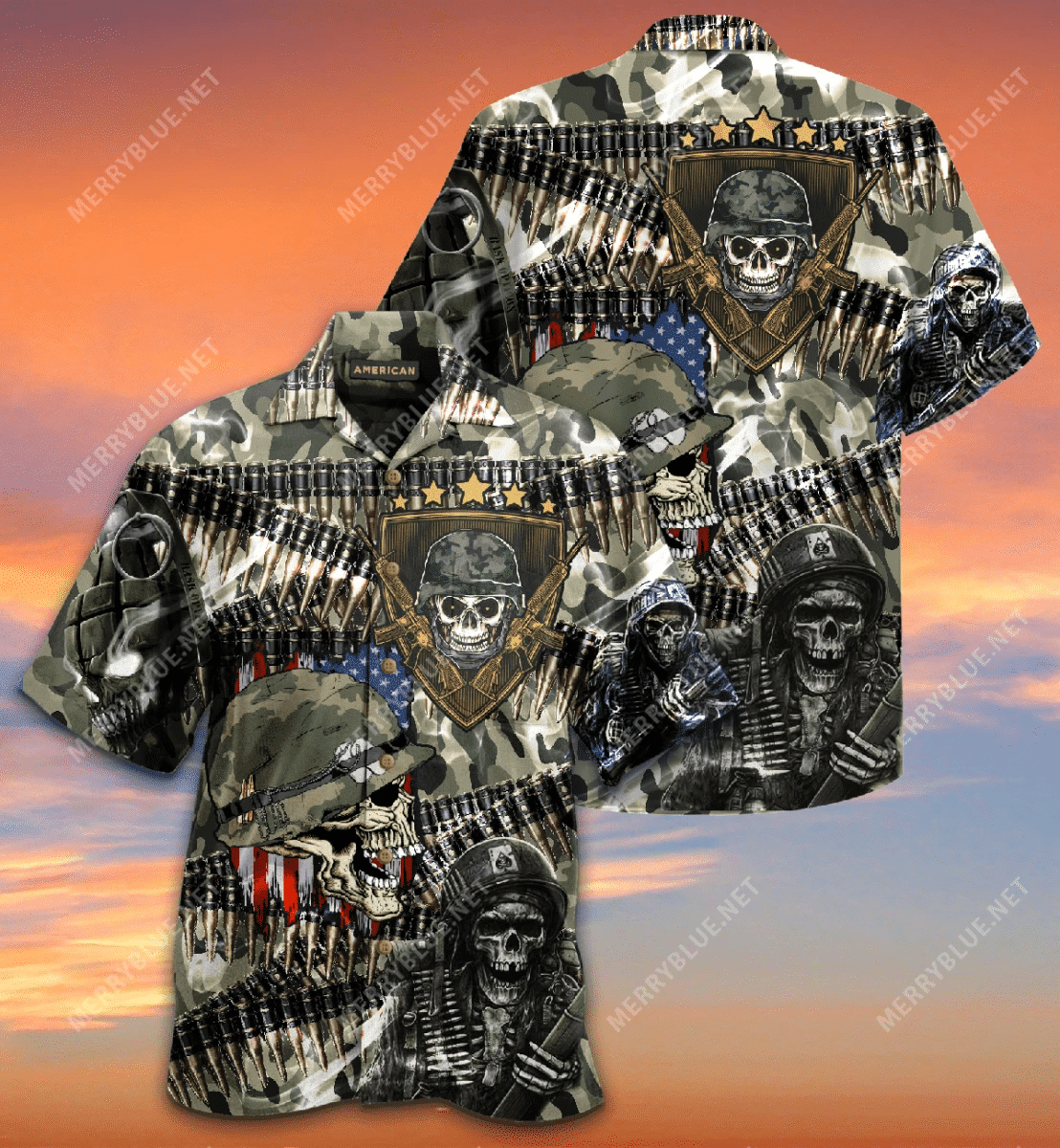 Veterans Bullet Belt Skulls Hawaii Aloha Shirts V Ha104147