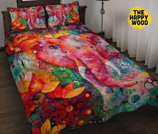 Elephant Flower Watercolor Art Style Quilt Bed Set And Pillow Covers