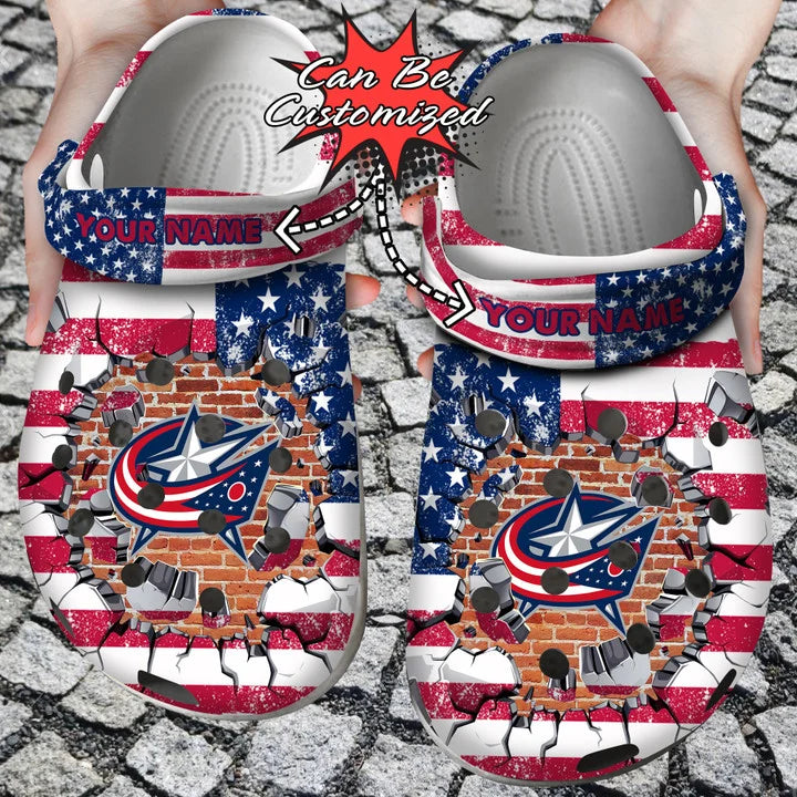 Hockey Crocss – Personalized C.Blue Jackets American Flag Breaking Wall Clog Shoes