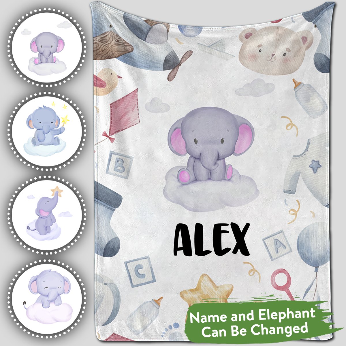 Personalized Baby Blankets With Name, Cute Elephant Baby Blanket White Color For Boy And Girl Baby