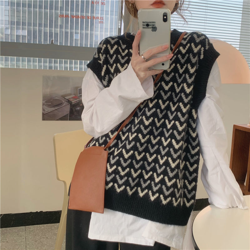 Sweater Vest Women Print Preppy Ulzzang O-neck Loose Autumn College Ladies Retro All-match Comfortable Fashion Teens Popular Ins alx