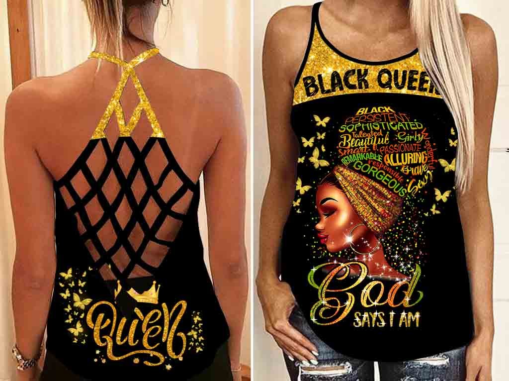 Black Queen God Says I Am Juneteenth Tank Top Mesh Shirt For Girl – Criss Cross Open Back Camisole Tank