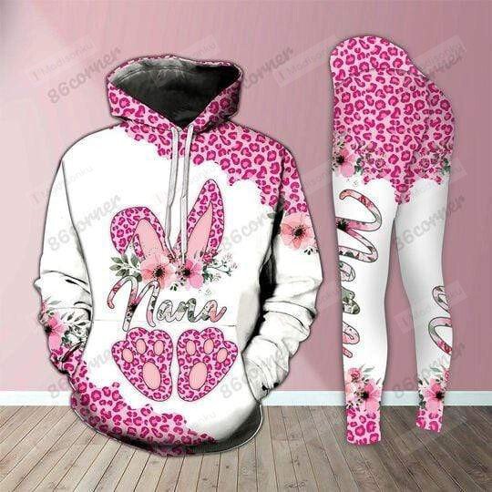 Pink Nana Bunny Easter Leopard Hoodie And Legging All Over Printed