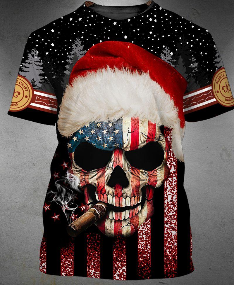 American Flag Smoking Skull For Christmas Holiday 3D Tshirt