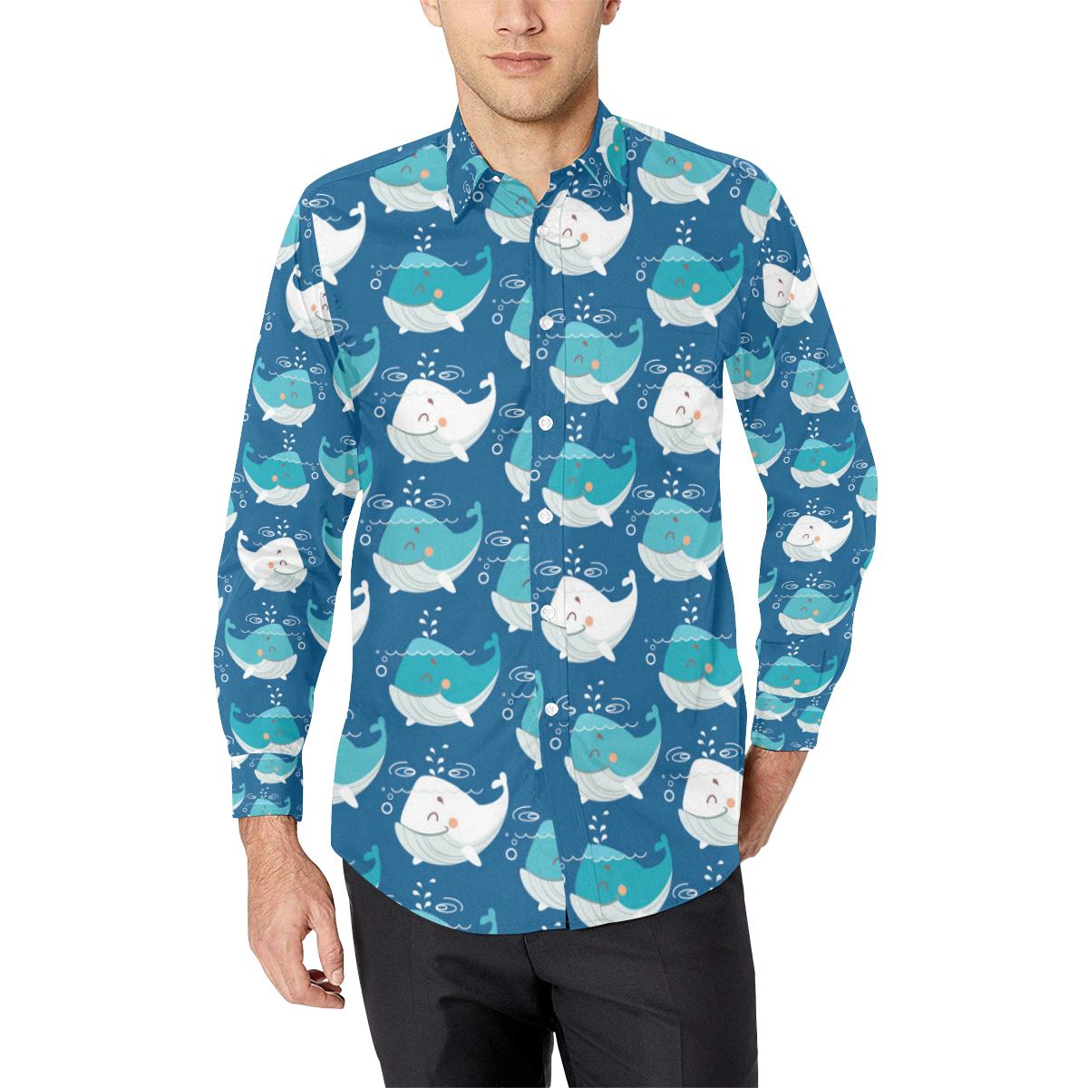 Blue Whale Pattern Print Design 01 Long Sleeve Dress Shirt