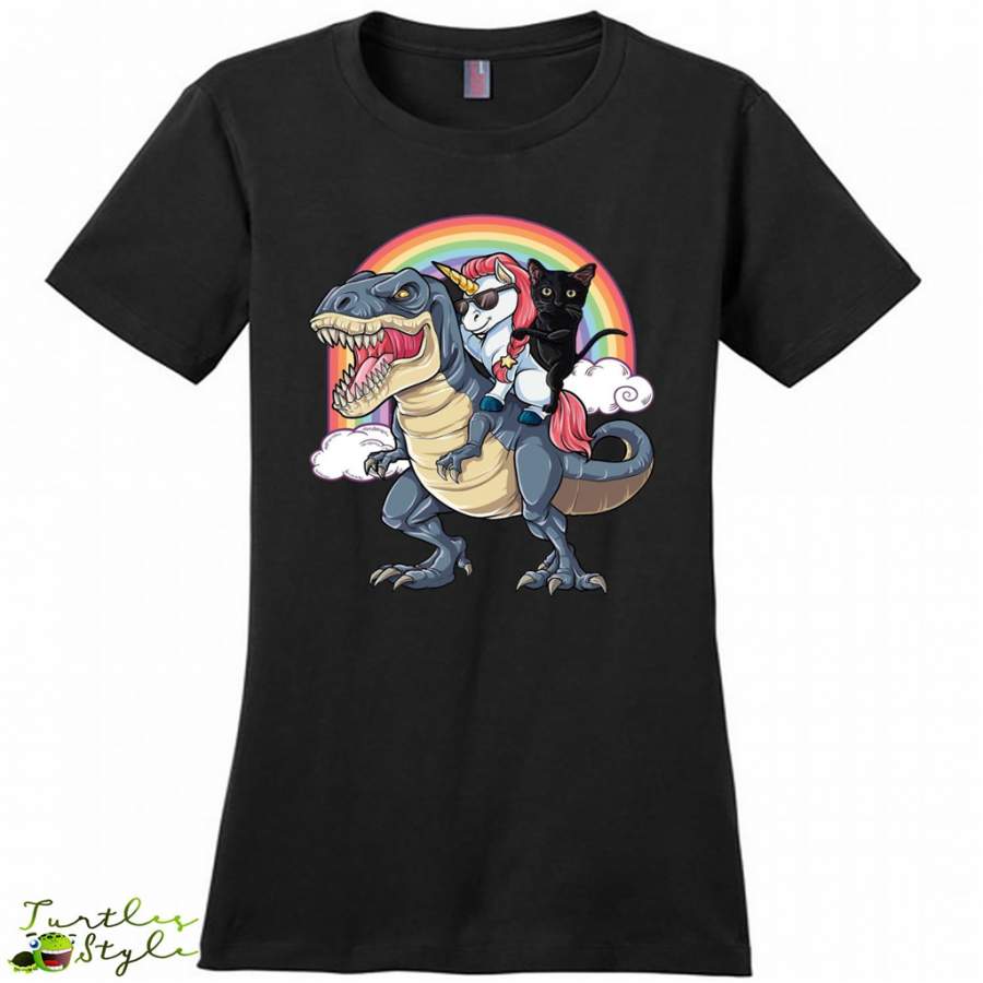 Unicorn and Black Cat Riding Dinosaur Rainbow – District Made Woman Shirt