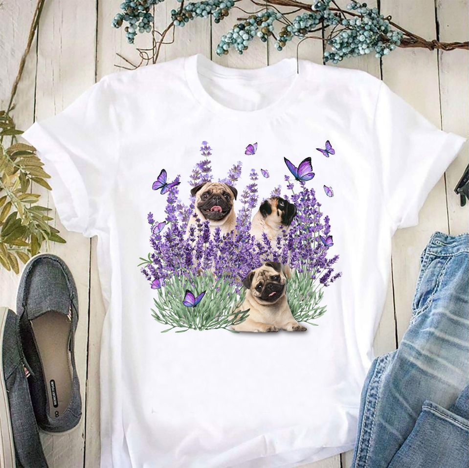 Charming puppy of the pug rests and butterfly on field with lavender T shirt hoodie sweater L98