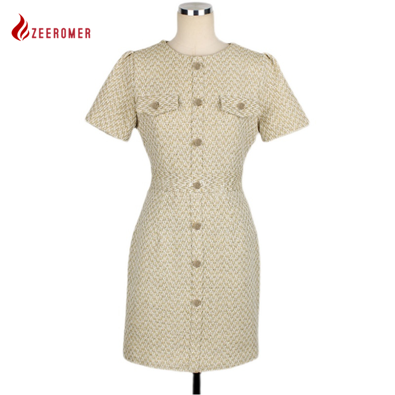 2022 Summer New Short-Sleeve O-Neck Slim Wollend Tweed Mini Dress Woman High Quality Korean Elegant Bag Hip OL Fashion Dress alx