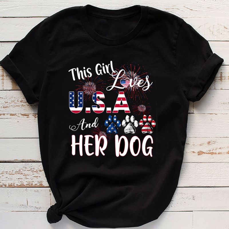 4th Of July This Girl Loves Usa And Her Dog Us Flag Dog Paws Firework Black Mens Womens T Shirt S 6xl Cotton