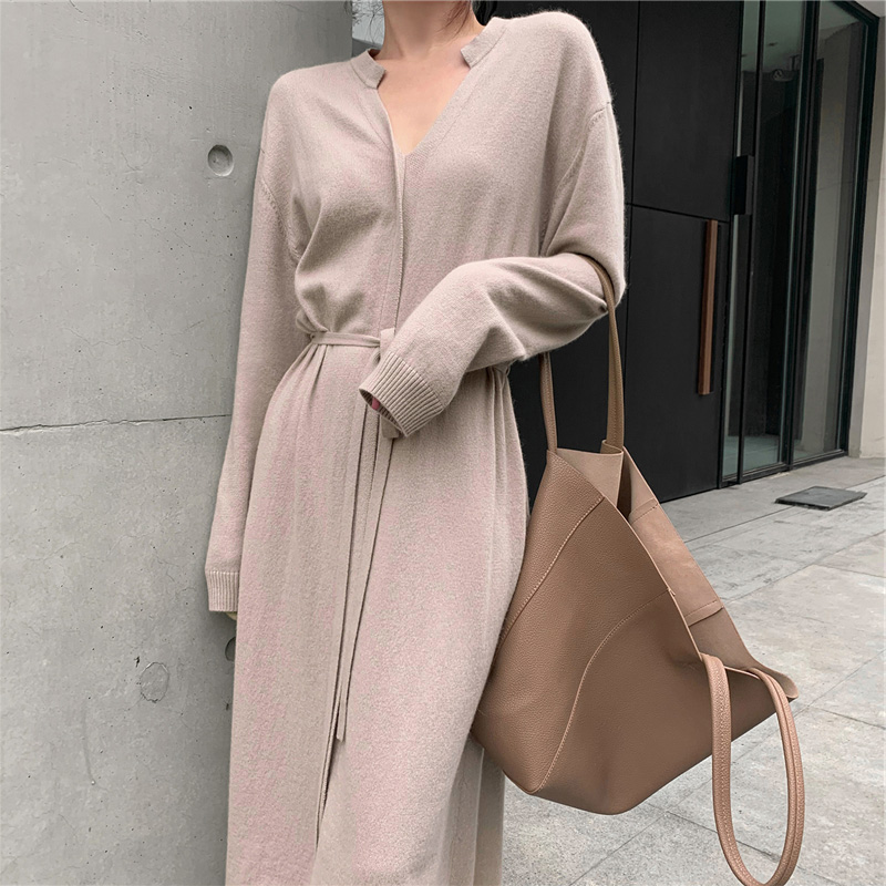 Korean Wool Long Dress Woman Fall 2022 Soft Warm Knit Dress Clothing Female Loose V-Neck Elegant Knitwear Winter New alx