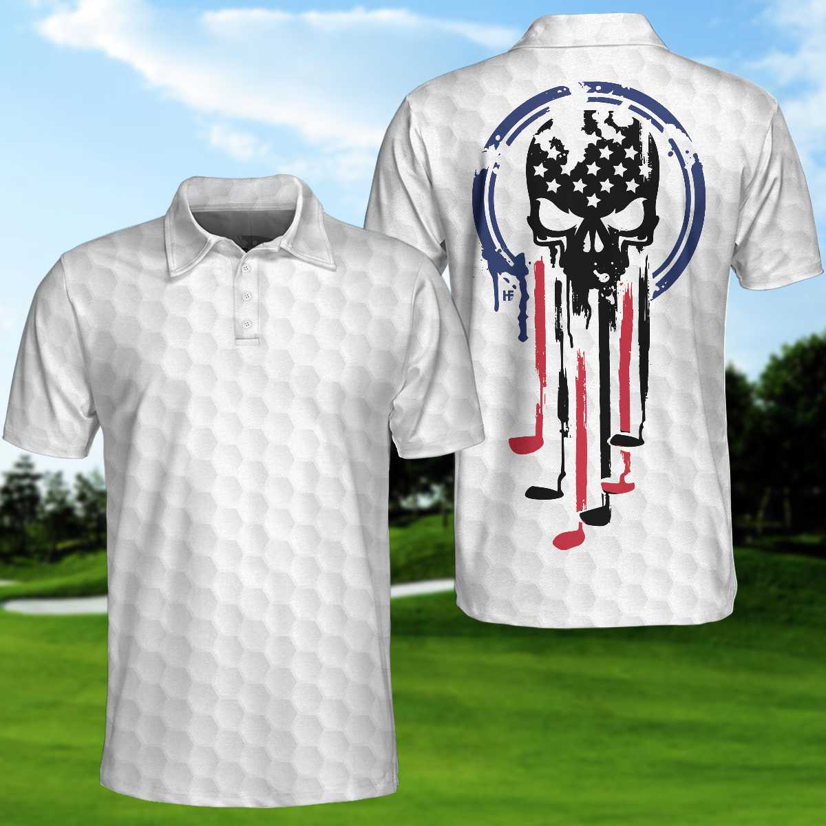 American Skull Golf Clubs Set Short Sleeve White Golf Polo Shirt, Wet ...