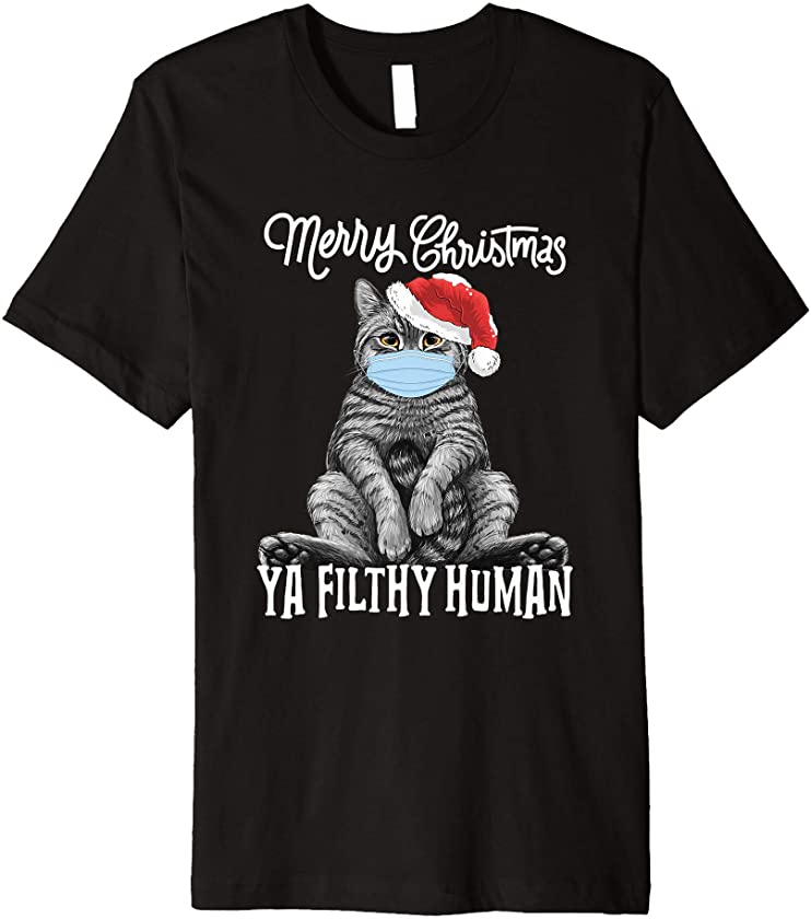 Merry Christmas Cat Face Mask | Kitten Santa Xmas Tree Premium T-Shirt