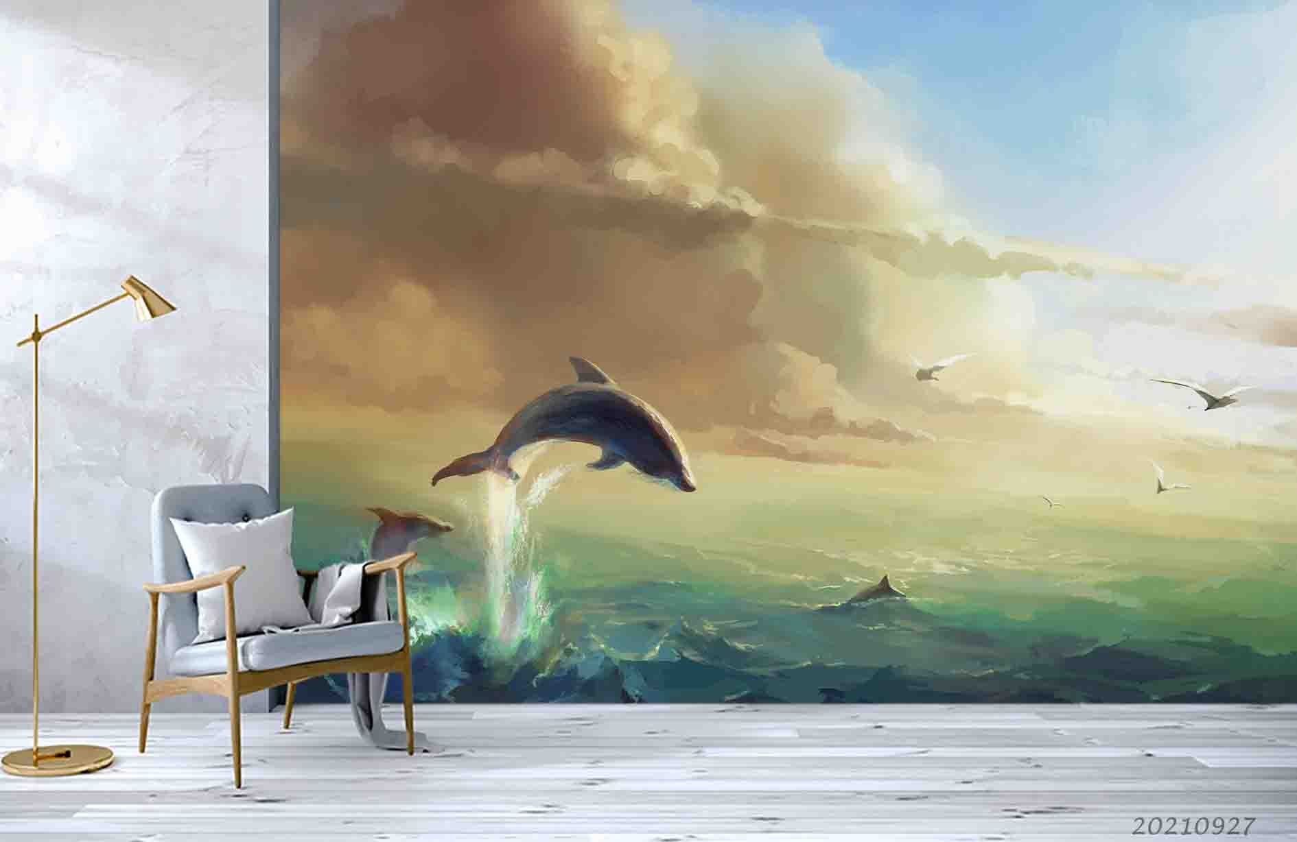 3D Sky Cloud Sea Dolphin Wall Mural Wallpaper Lqh 246