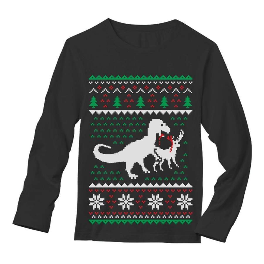 Ugly Christmas Sweater T-Rex VS Reindeer Funny Gift Long Sleeve T-Shirt