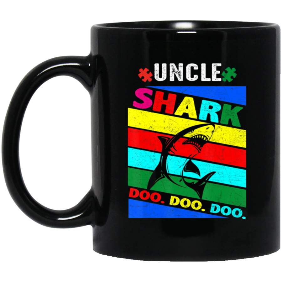 Uncle Shark Autism Awareness Gift Mens Kids 11oz 15oz Black Mug Idea 2nd April Puzzle Ribbon Support Autism Dad Mom Kids Autistic