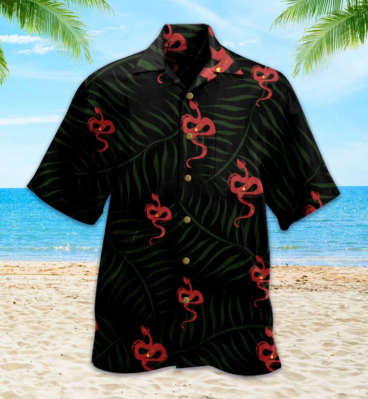 Tropical Pattern Palm Leaves Red Snake Hawaiian Shirt 3D