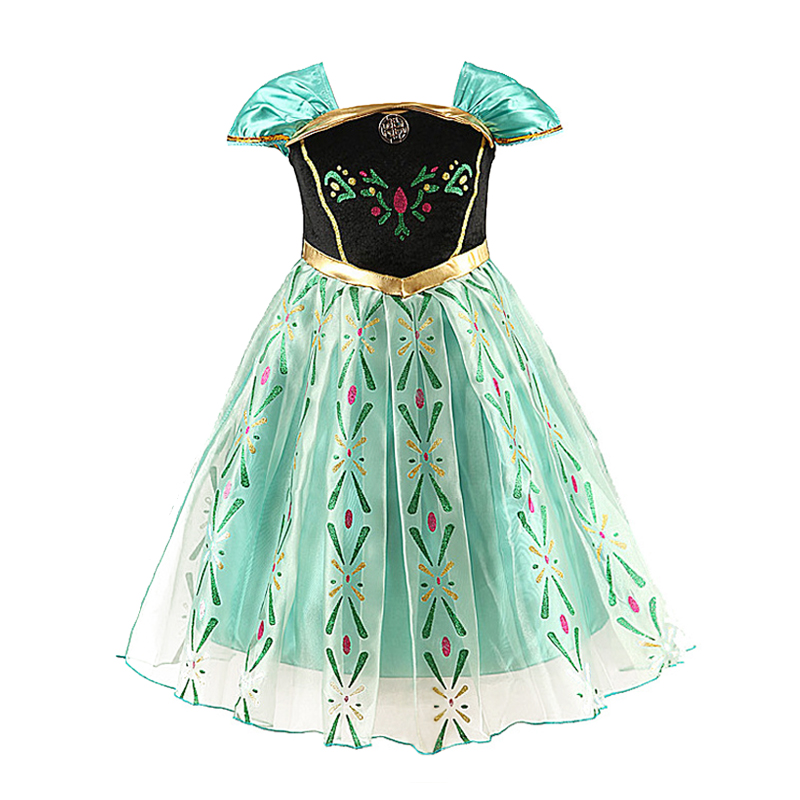 Anna Princess Dress for Baby Girls Green Dress Cosplay Kids Clothes Floral Anna Party Embroidery Shoulderless Queen Elsa Costume alx