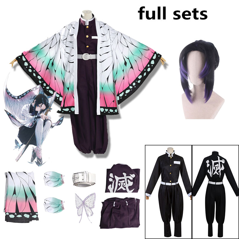 Adult Kids Anime Demon Slayer Kimetsu No Yaiba Kochou Shinobu Cosplay Costume Kimono Halloween Clothes Wig Full Sets alx