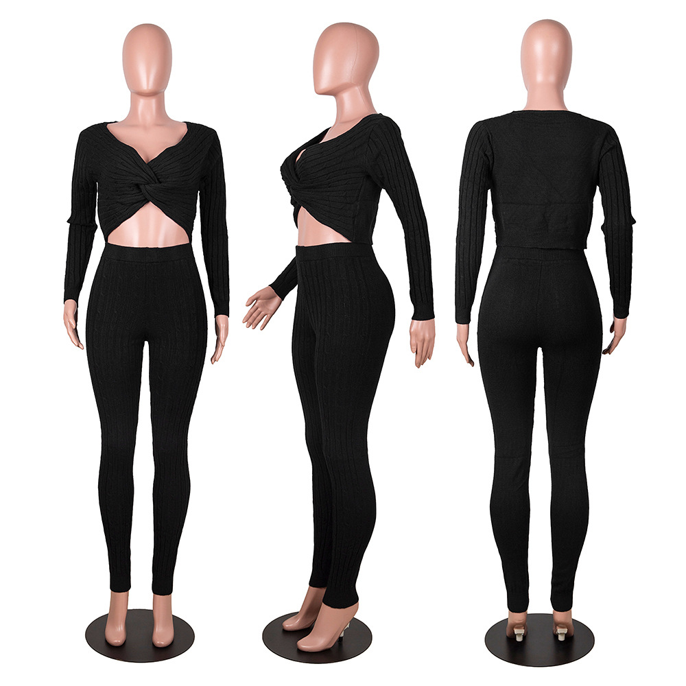 Winter Sexy V Neck Sweater Sets 2 Piece Clut Outfits Women Long Sleeve Twist Crop Top and Long Skinny Pants Knitted Tracksuit alx