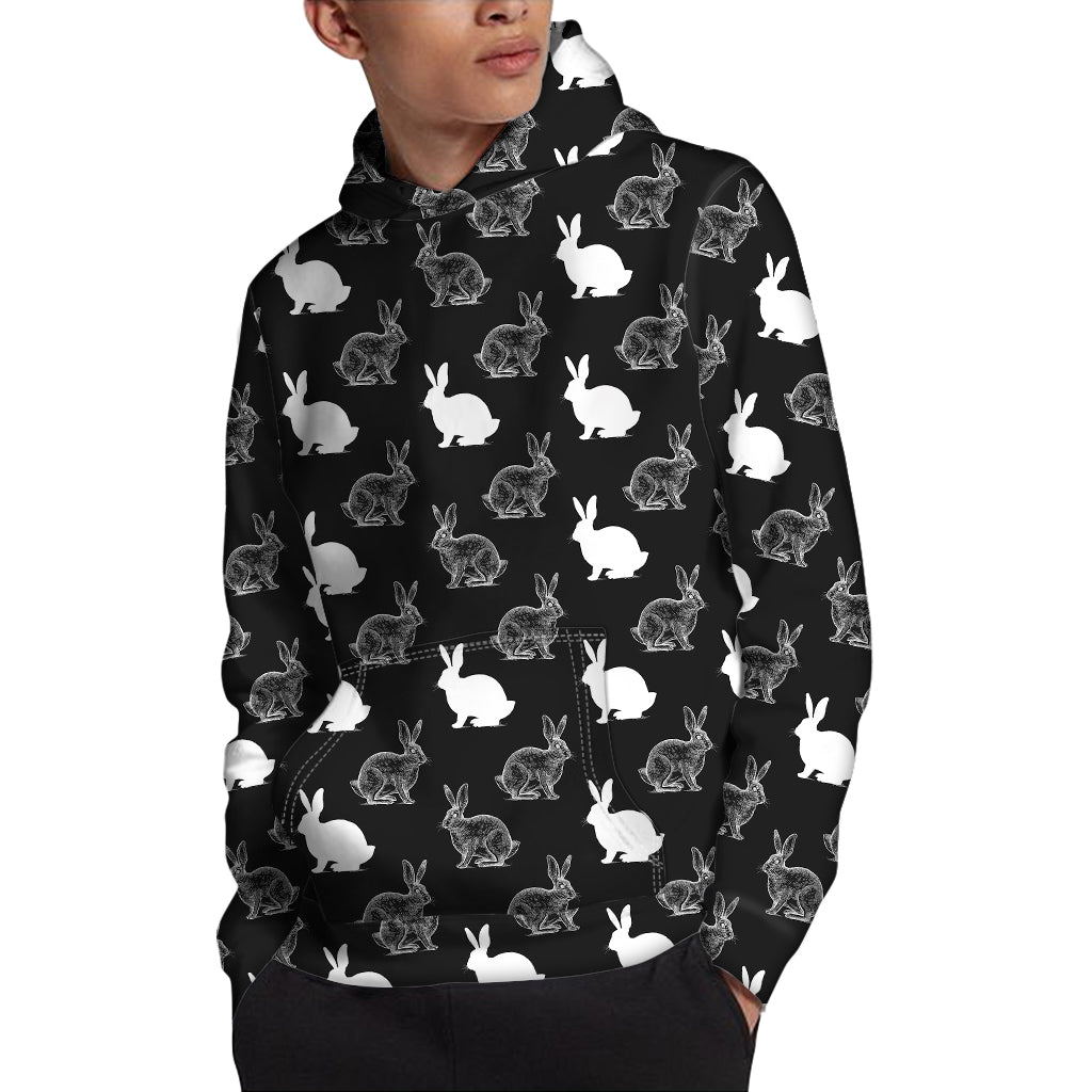 Black And White Rabbit Pattern Print Pullover Hoodie