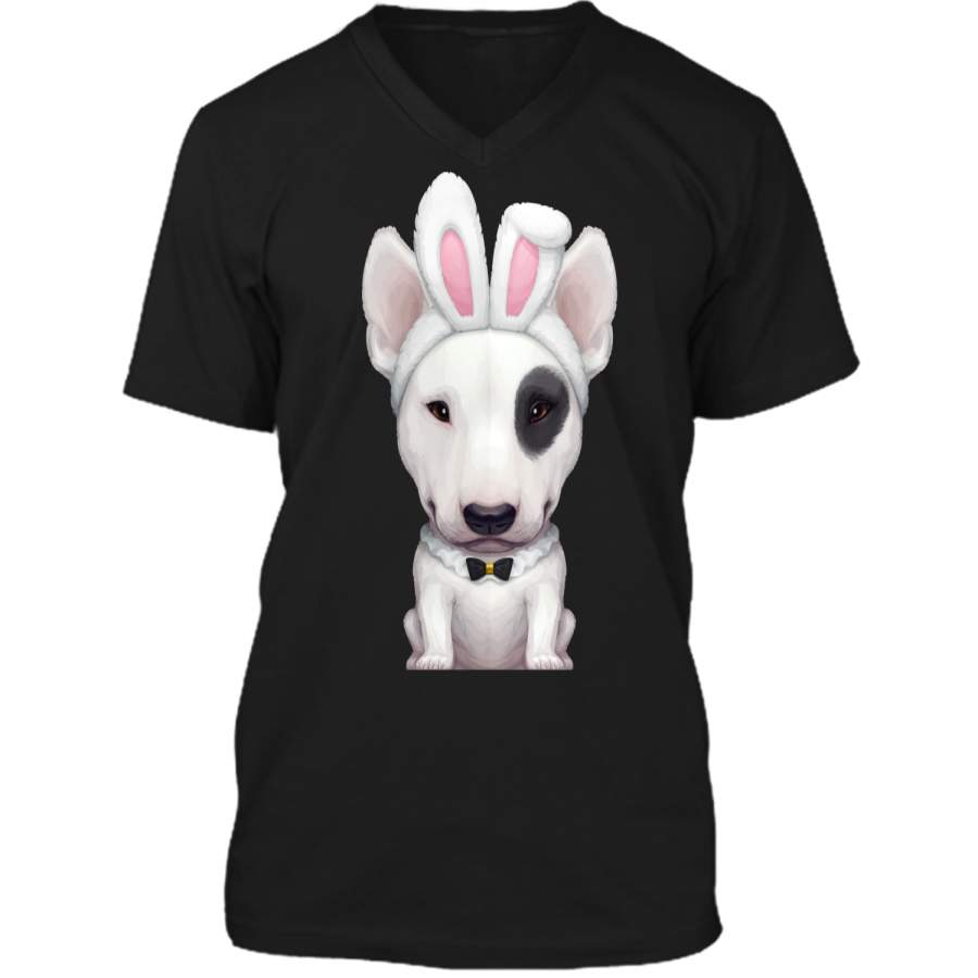 Bull Terrier with Eye Patch in Easter Bunny Costume T-Shirt Mens Printed V-Neck T