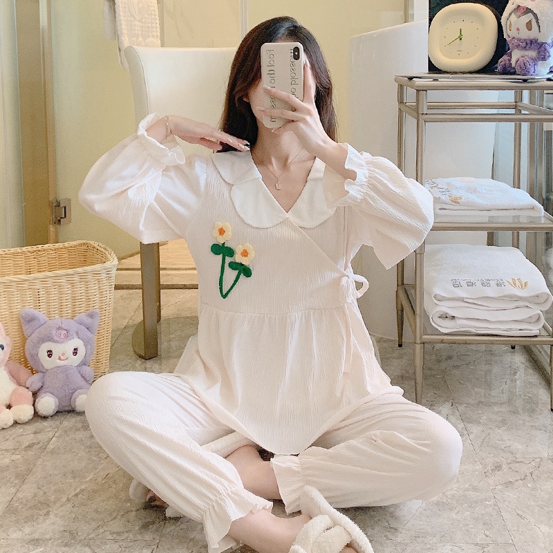 2022 Autumn Long Sleeve Cotton Kimono Nightgowns for Women Korean Loose Sleepwear Long Dress Night Dress Nightdress Home Nighty alx