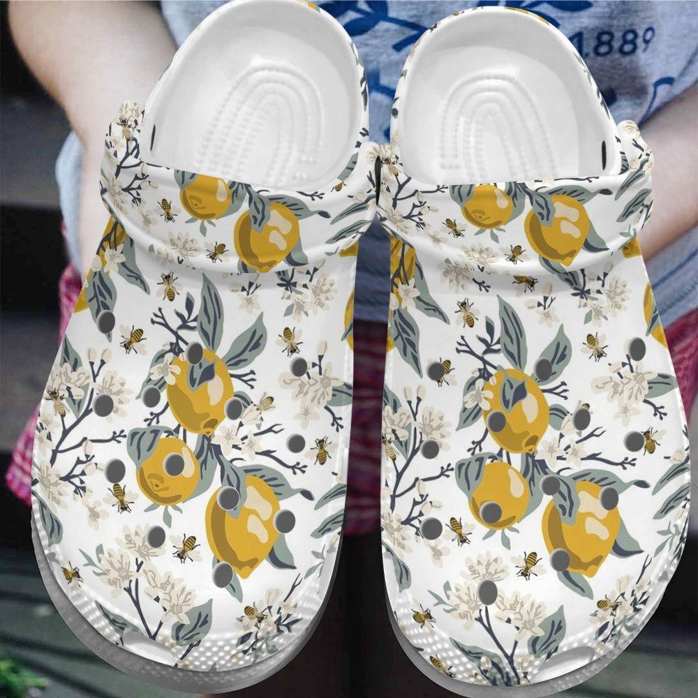 Bee Personalize Clog, Custom Name, Text, Fashion Style For Women, Men, Kid, Print 3D Whitesole Bees And Lemons 5 Colors