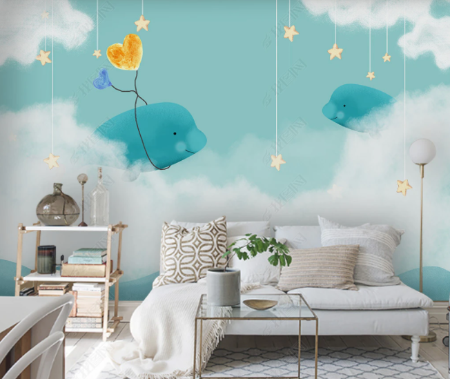 3D Hand Drawn Sky Cloud Star Animal Dolphin Love Wall Mural Wallpaper Lll 2789