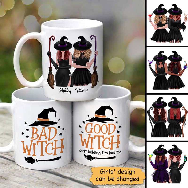 Front View Halloween Besties Good Witch Bad Witch Personalized Mug