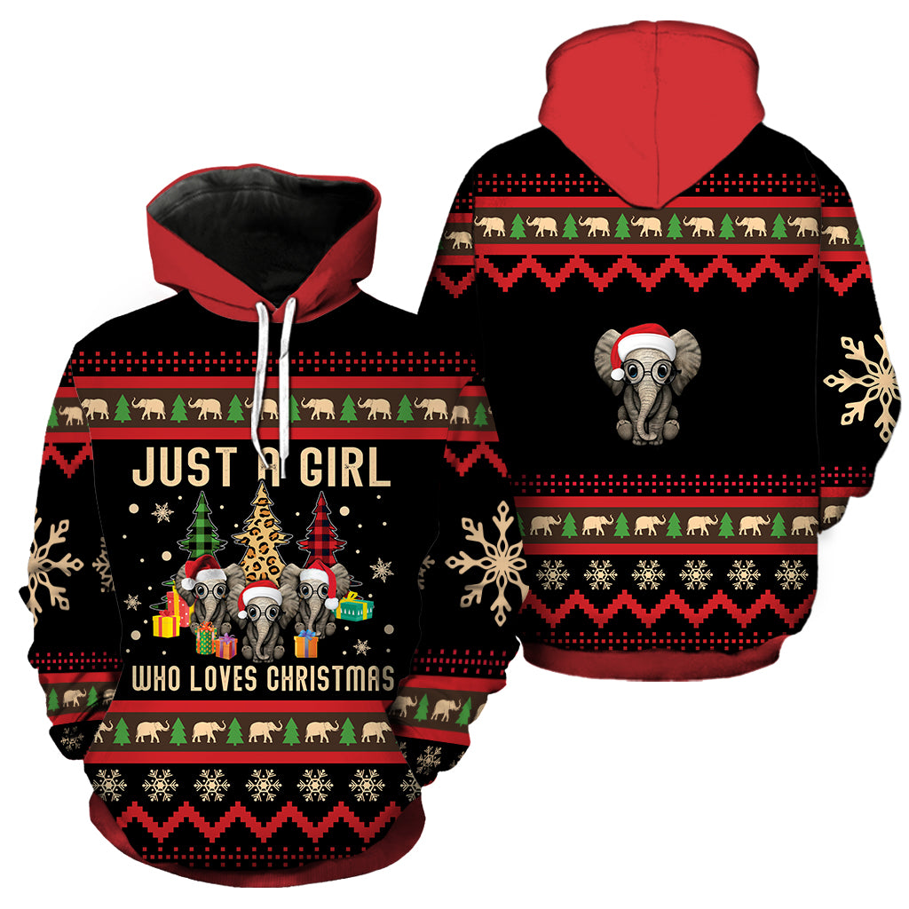 Just A Girl Who Loves Christmas Elephant Full Hoodie All Over Print Thicken Pullover Fleece Hoodie