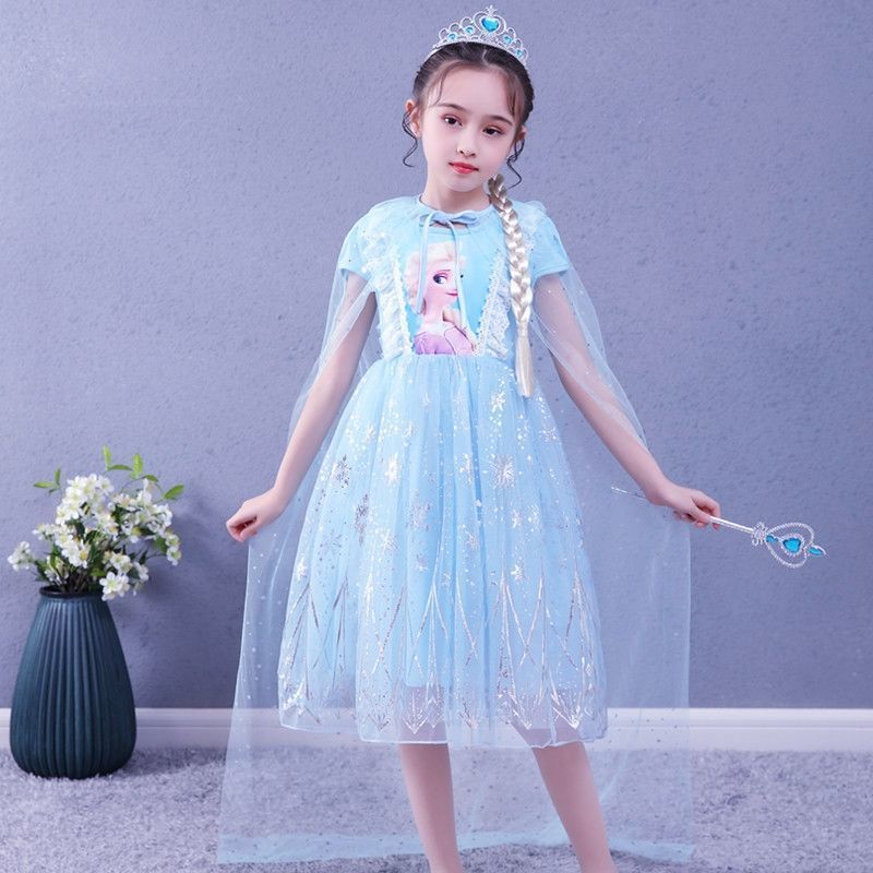 2022 Summer Frozen Dress for Girls Fashion Children’s Elsa Princess Baby Girl Toddler Short Sleeve Cute Party with Cloak Kids alx