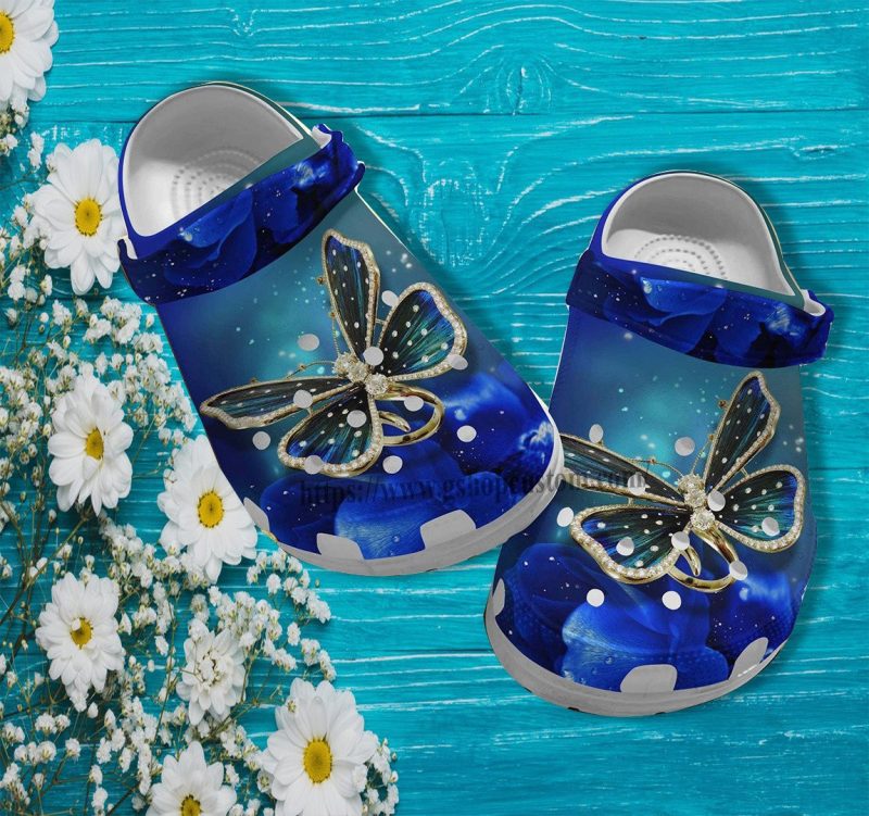 Butterfly Metal Twinkle Blue Flower Croc Shoes Gift Mother Day- Butterfly Girl Shoes Croc Clogs Gift Birthday