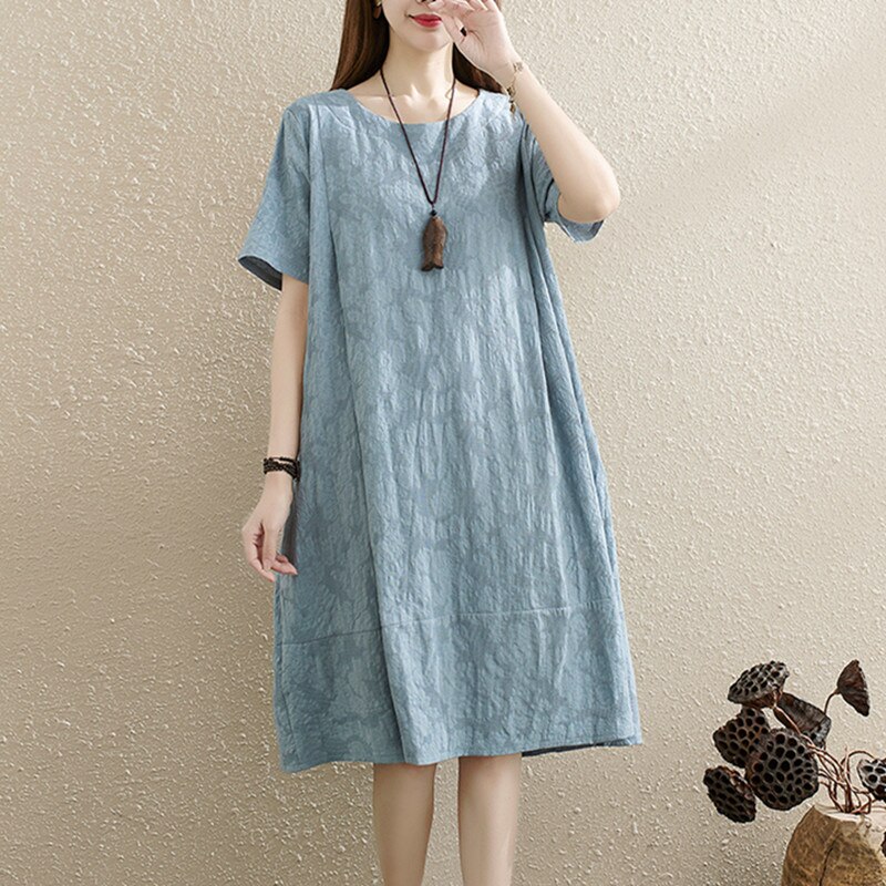 Vintage Dress 2022 New Arrival Short Sleeve Loose Summer Dress Cotton Linen Jacquard Women Travel Casual Midi Dress Robes alx