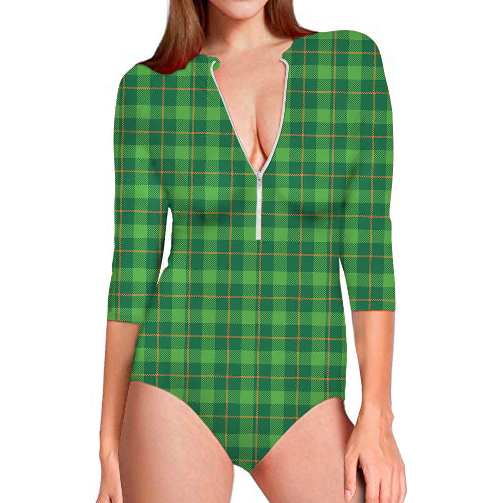 Shamrock Tartan St. Patrick'S Day Print Long Sleeve One Piece Swimsuit Onlytee